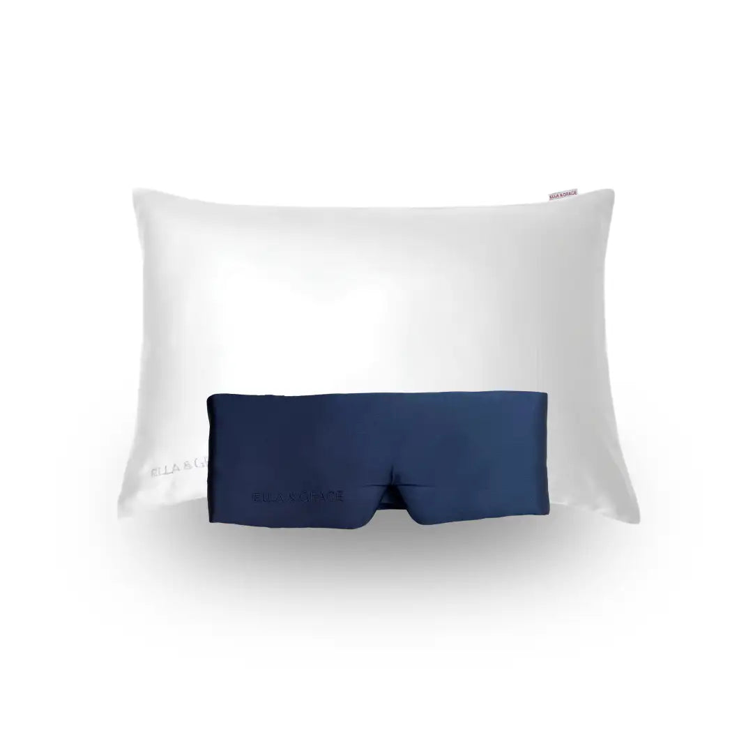 Twilight Navy Blue Silk Sleep Mask and Moonlight White Pillowcase Set